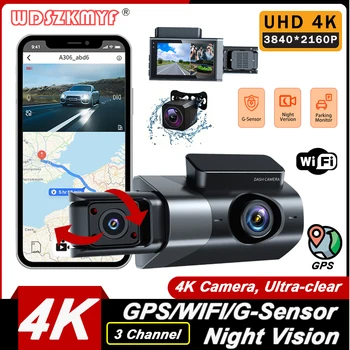 차량용 전면 및 후면 카메라, 자동차 DVR, 와이파이, GPS, G-SENSOR 주차 모니터, 비디오 녹음기, 블랙 박스, 4K, 3 렌즈 대시 캠 