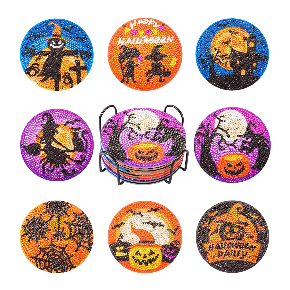 8Pcs Halloween Diamond Painting Coasters with Holder 5D DIY Diamond Art Painting Cup Mat Kits for Beginners Adults Kids DIY