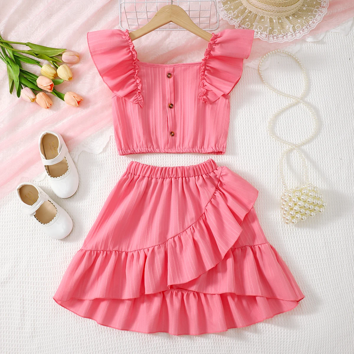 8-11 Year old Girls' set Flying Sleeves Rose red Top Irregular Lotus Edge Skirt Two-piece Set of Girls' Summer Fashion Clothing