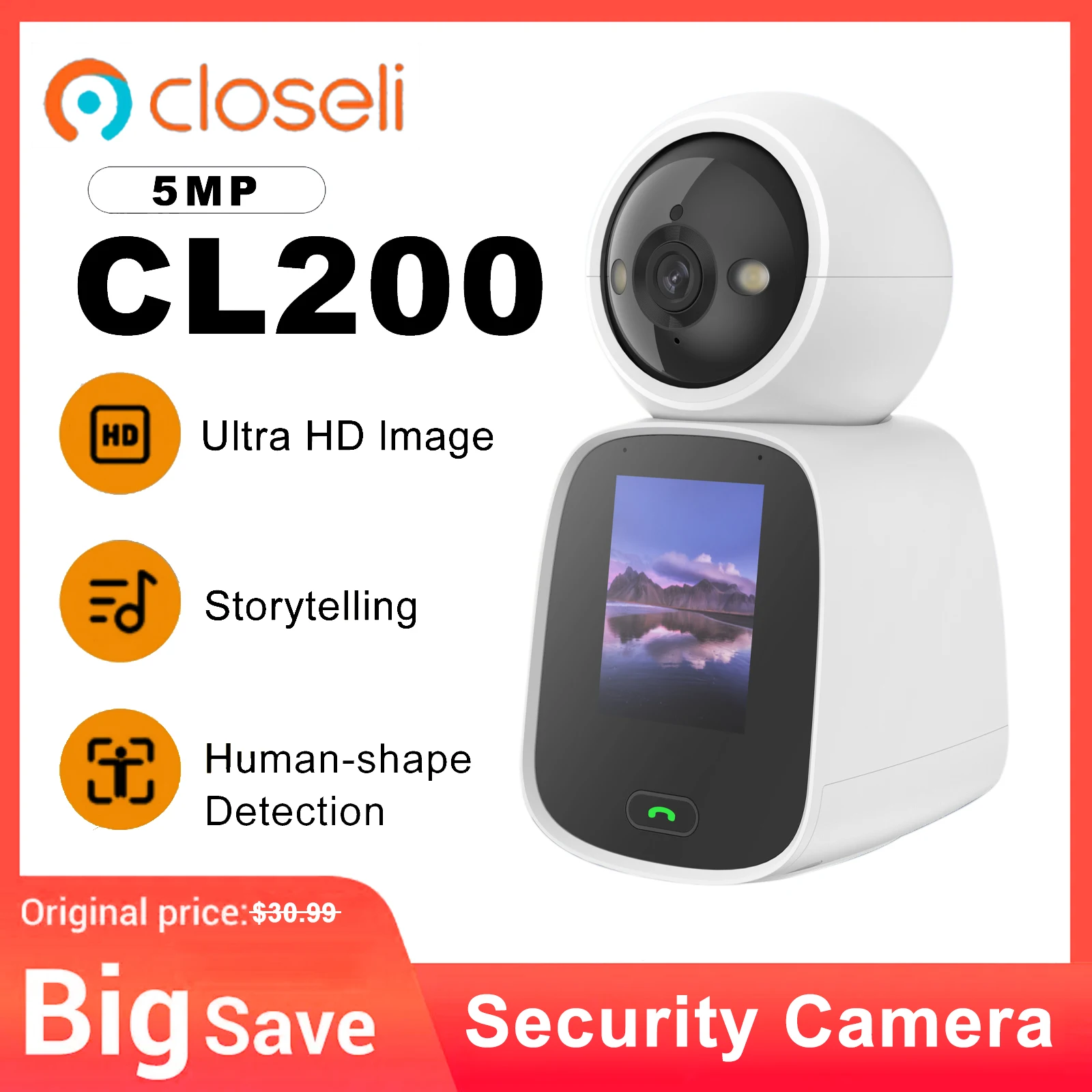 

Closeli CL200 5MP Wi-Fi Video Calling Indoor Camera Motion Detection Security IP Camera Full-color Night Vision Baby Monitor