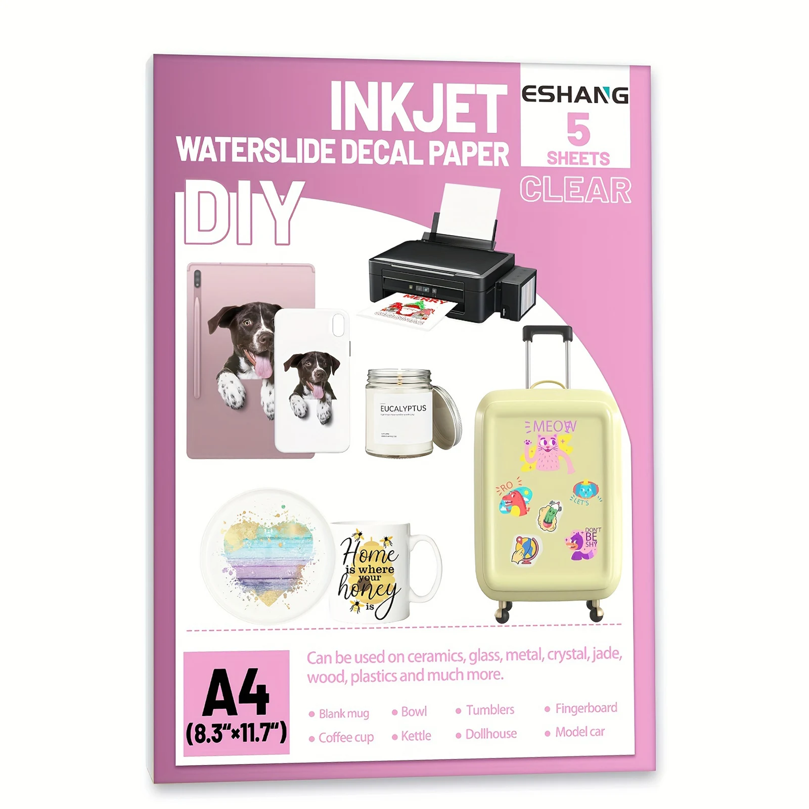 5장 클리어 워터슬라이드 데칼 용지 프리미엄 워터슬라이드 전사 투명, 잉크젯/레이저 프린터 인쇄, A4 사이즈 8.3×11.7인치