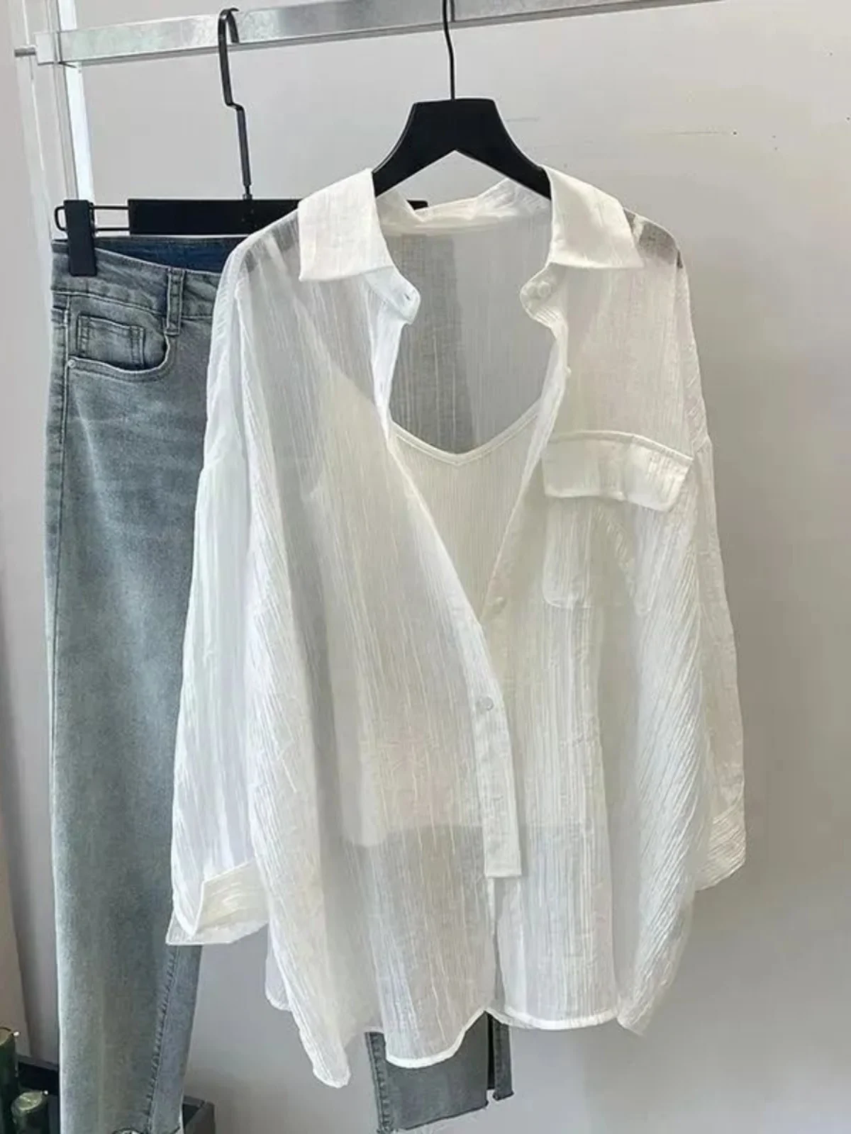 Camicetta estiva sottile coreana Sle in puro colore da donna, design ampio, lunga protezione solare, irt, casual, chic, in cotone di seta