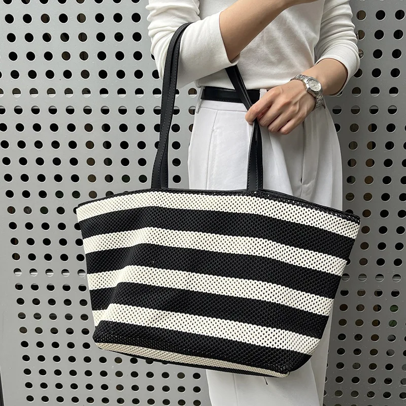 

Women's Large Capacity Tote Bag - Striped Knit Mesh Shoulder Bag with Casual Lazy Style, Fashionable Handbag for Ladies