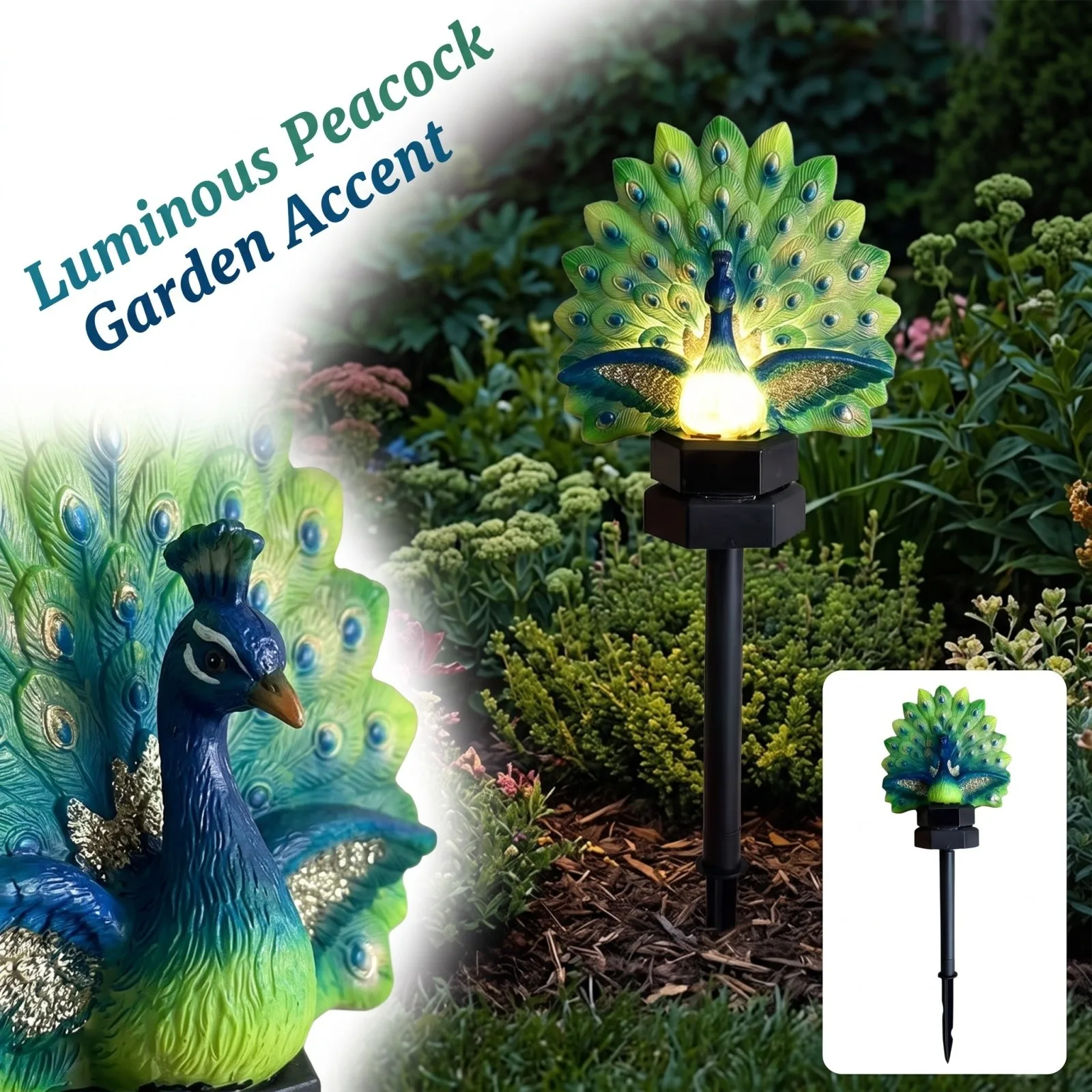 Green Peacock Shaped Garden Decoration with LED Glowing Light Holiday Party Yard Patio Outdoor Decoration(not include battery)