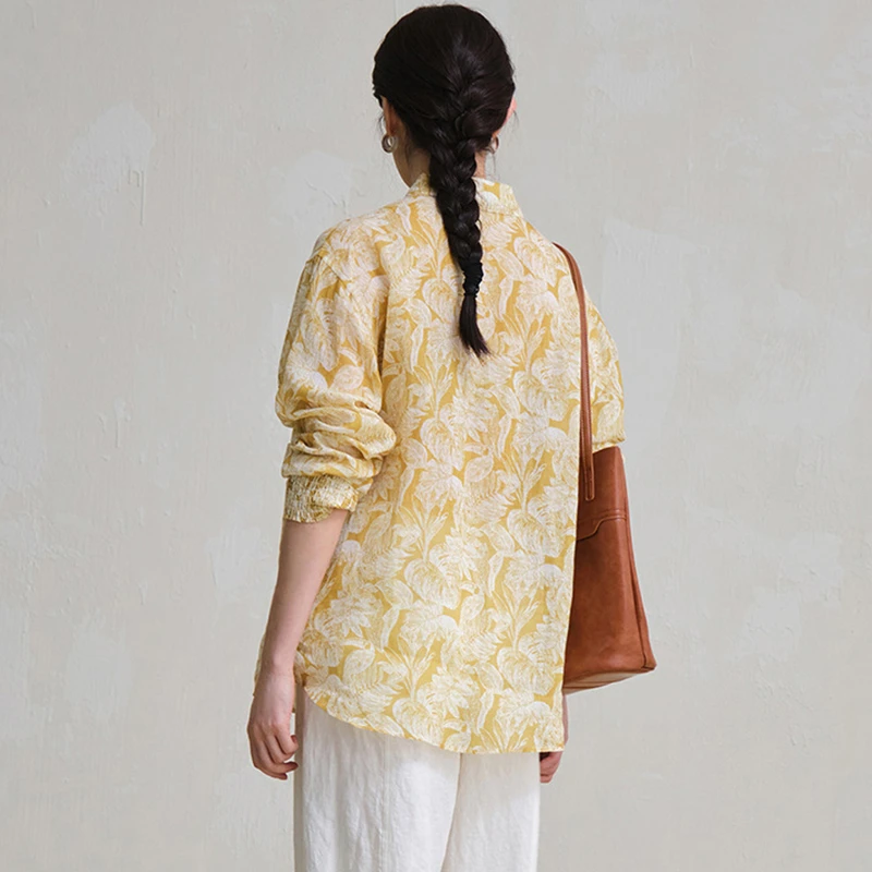 100% leinen Frauen Langarm-shirt Neue Ankunft 2025 Frühling Vintage Stil Floral Print Lose Weibliche Casual Tops Shirts M1558