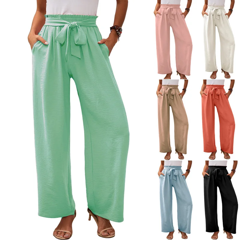 2025 New Women's Wide Leg Casual Pants with Pocket, Lightweight High Waist, Adjustable Lace Knot, Loose Pants