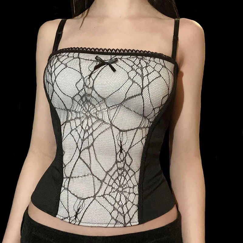 Vintage Gothic Cami Tops Women Mesh Spider Net Lace Tank Tops Female Summer Sexy Club Crop Tops Shirt