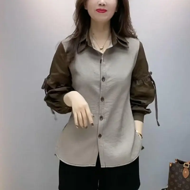 Roupas femininas elegante laço-up arco chique botão acima camisa contraste cor retalhos blusas divididas casual lapela manga longa topos