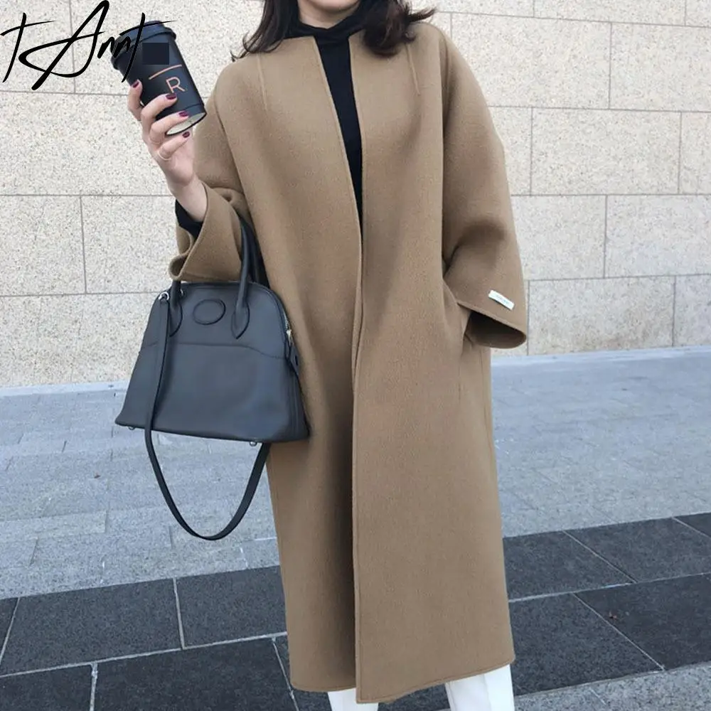 GetSpring Women Wool Coat Temperament Solid Lace Up Winter Woolen Jacket All Match Loose Long Overcoat Autumn Winter 2024 New