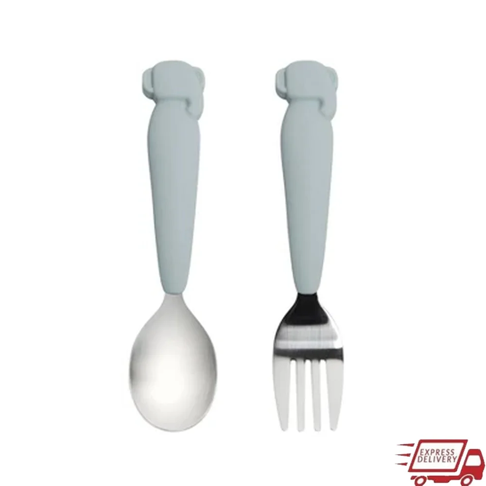

2pk Kids Spoon Fork Set Silicone Handle Teaching Utensils Self Feeding Stainless Steel Animal Character 3yr Dishwasher Safe