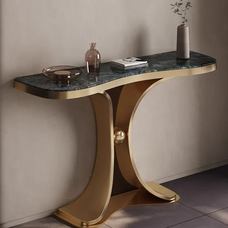 Modern Light Luxury Entrance Cabinet Against Wall Living Room Foyer Console Table with Shelf Stone End View Entryway Storage