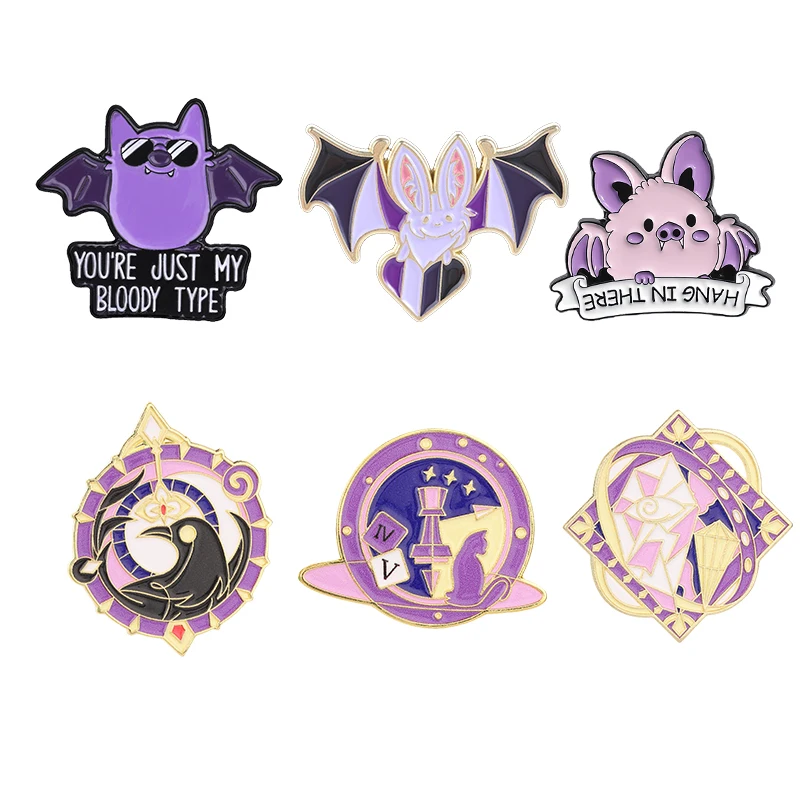 Pin de Esmalte y Broche de Cristal con Diseños de Gato, Cuervo y Murciélago, de Fantasía, Ocultismo, Adivinación, Mística y Magia, con Motivos Geométricos Púrpura, Estilo Punk Gótico, Joyería y Regalos