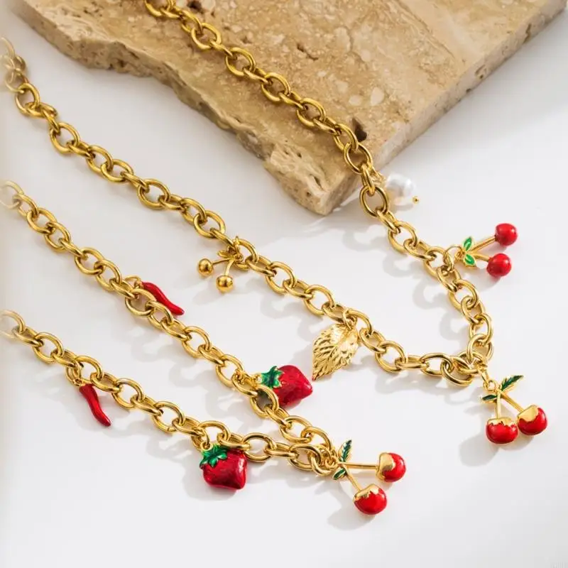 

N2UE Lightweight Adjustable Steel Necklace With Cherry Strawberry Pendant Bright Red Accent Versatile Jewelry