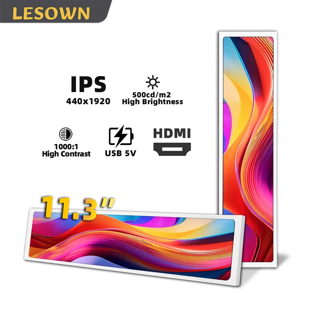 LESOWN Elongated Mini Monitor 11.3 Inch 440x1920 IPS LCD Compact Portable Display Horizontal Stretch Monitor for Work Gaming