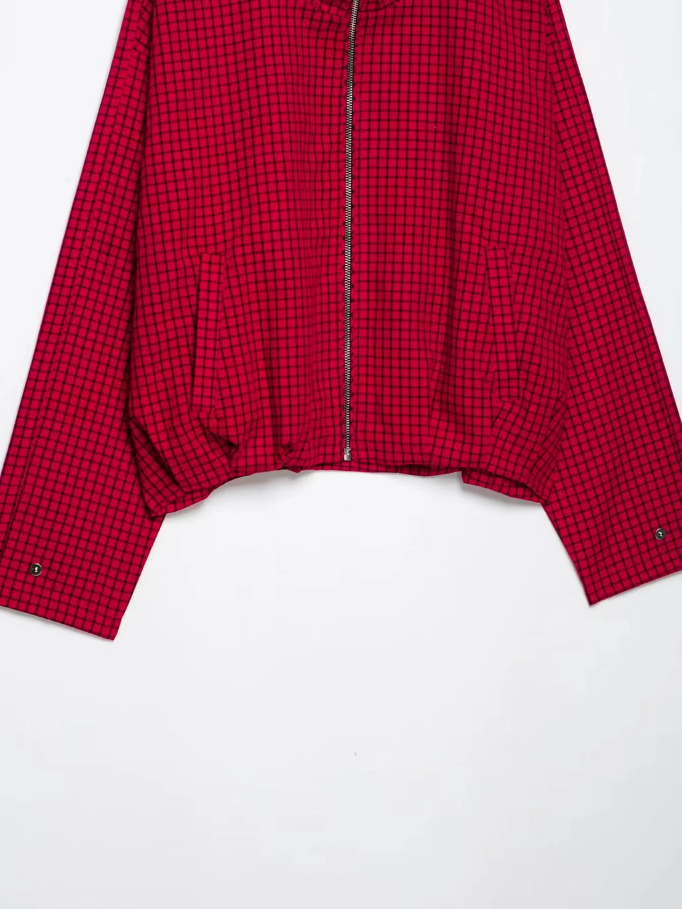 HH Damenmode, Jacke im High-Street-Stil, rot, dünnes Karomuster, Reißverschluss, mit Taschen, lockere Passform, Frühling/Herbst, Y2K, lässiger Mantel. – Detail 6