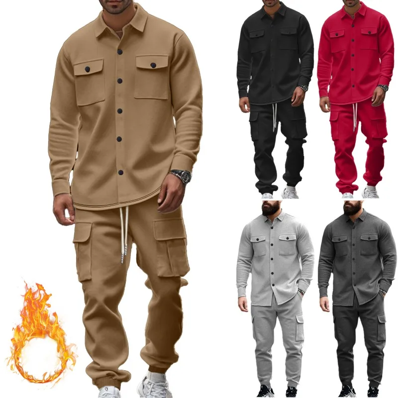 

American Heavy-duty Men's Fleece Workwear Hoodie Set, Outdoor Hunting Suit Lapel Jacket Loose and Warm Two-piece Set for Men