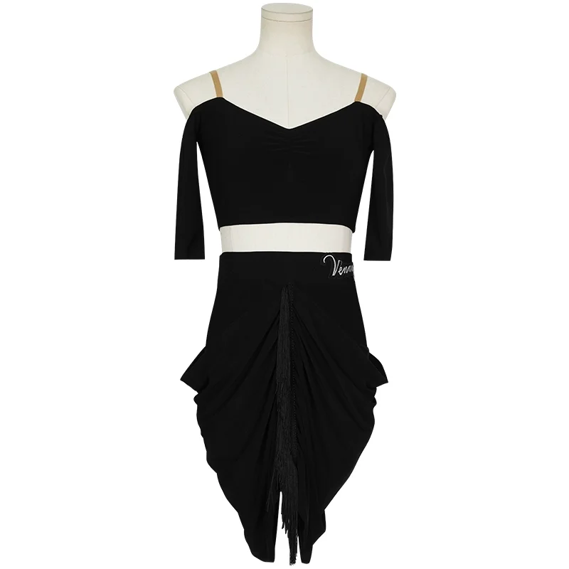 ชุดเต้นลาตินเวนนี่สไตล์สำหรับเด็กหญิงและผู้หญิง แขนสั้น กระโปรงชายครุย 2 ชิ้น ชุดฝึกซ้อมมาตรฐานมืออาชีพ