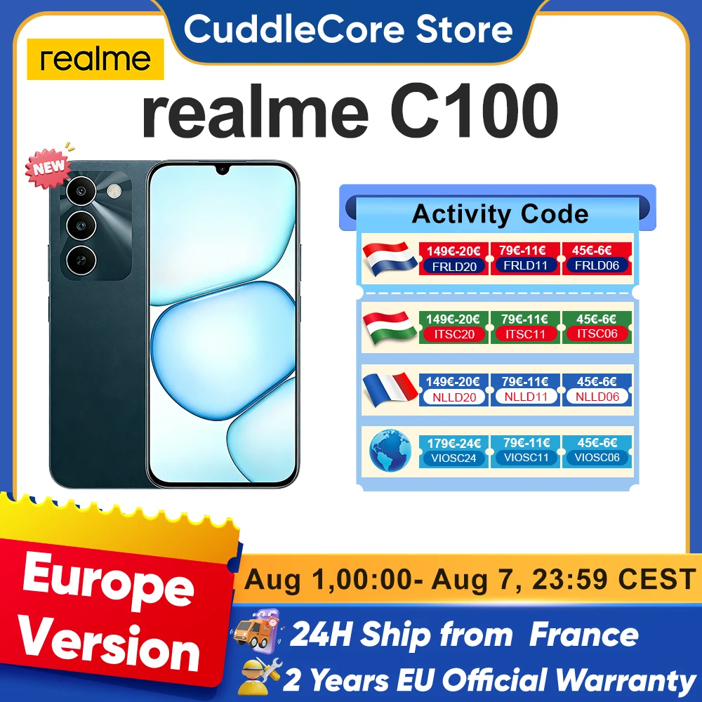 Téléphone realme C100 5G Batterie 6600mAh Écran 144Hz IP64 Double SIM 4GB+128GB Android 16 Téléphone résistant Europe