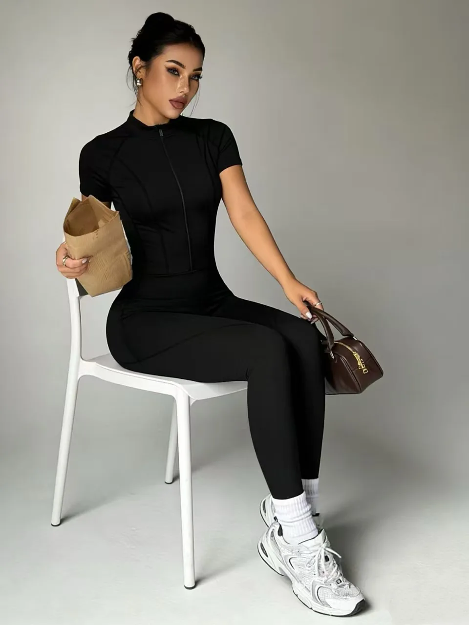 Women's Short Sleeve Zip-Up Fitted Full Length Jumpsuit -Black Bodycon Workout Romper for Active Wear Overalls Set