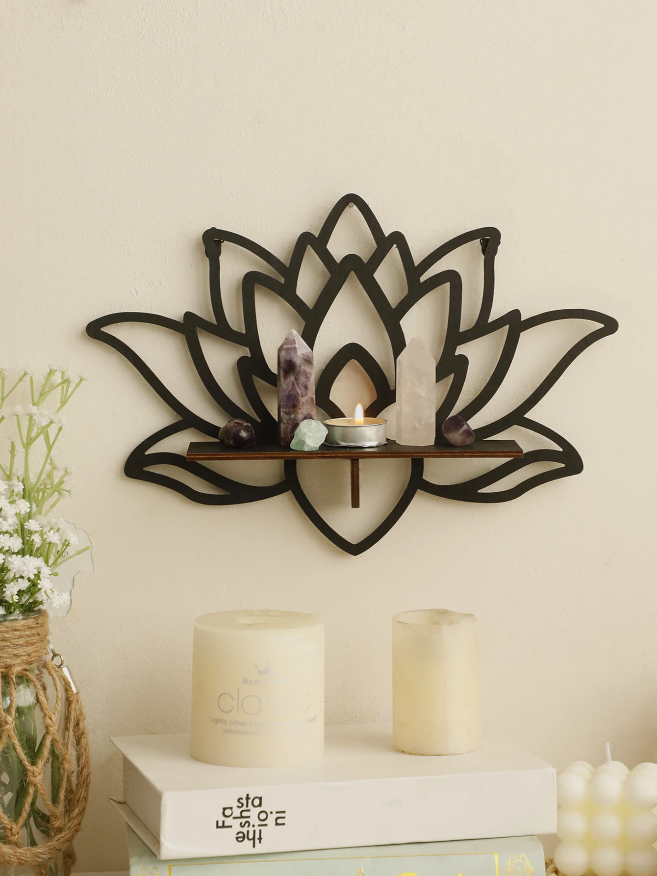 

Lotus Wood Shelf Black Corner Shelf Display Stand Crystal Stone Essential Oil Wall Organizer Room Decors Aesthetic Home Decor