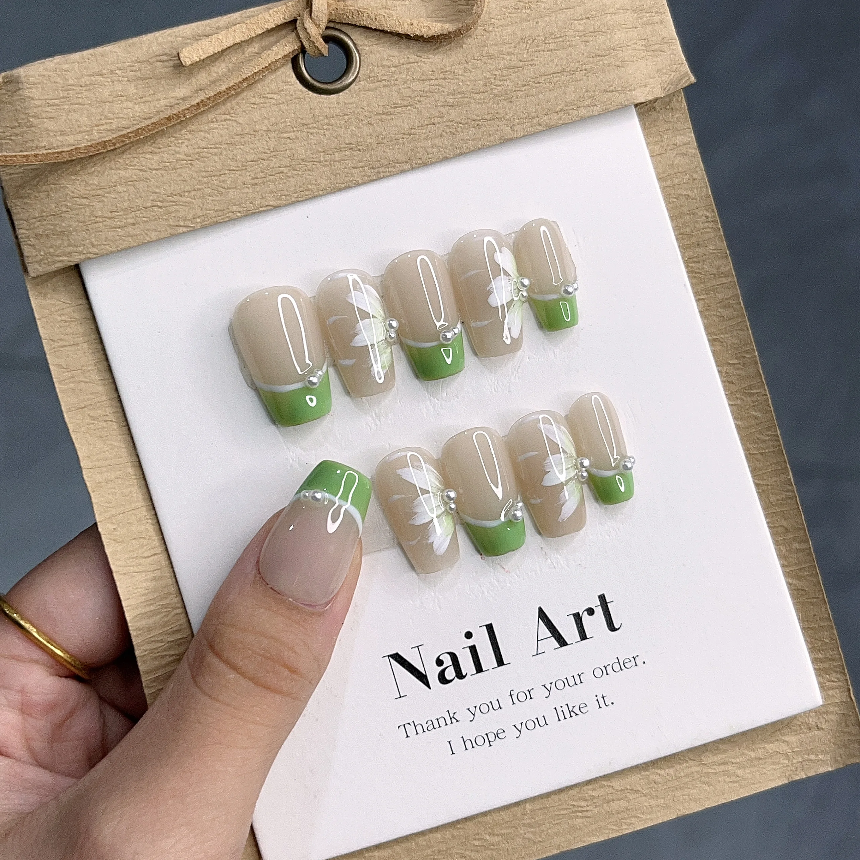 Ice Transparent Color Hand-painted Green Luxury Fresh Matcha Short T Shape-Handmade Press On Nails In Emmabeauty Store.No.24227