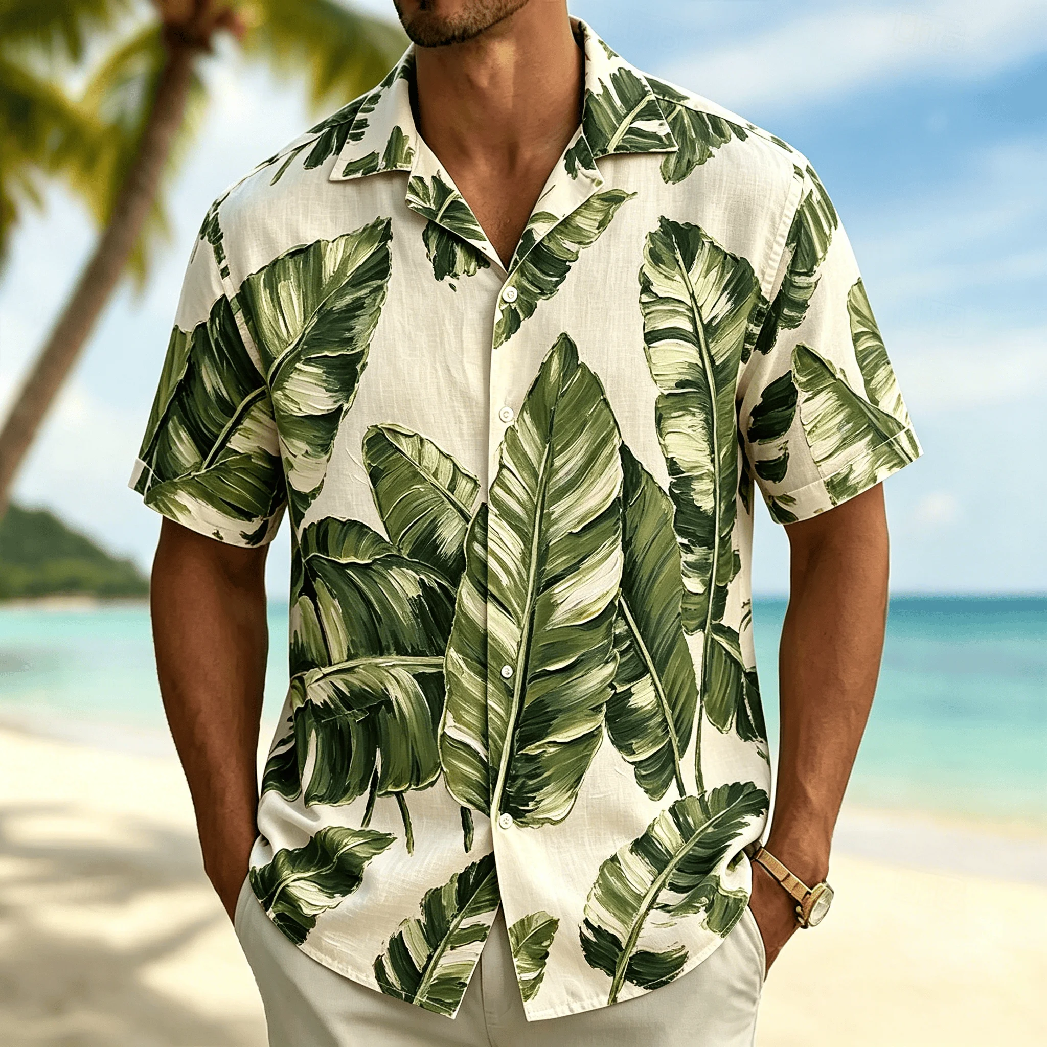 

Men's Tropical Banana Leaf Print Short Sleeve Shirt, Casual Hawaiian Button Down Top, Nature Green Design for Spring & Summer