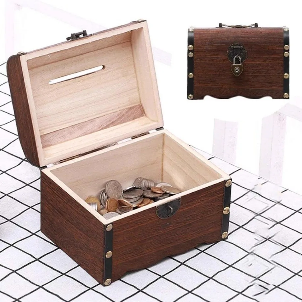 Trendy Wooden Piggy Bank With Security Lock Vintage Treasure Chest Unique Coin Bank Home Decor