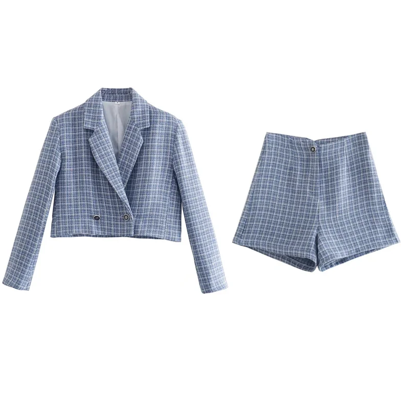 Woman Elegant Blue Tweed Short Blazer Suit 2022 Spring Chic Female High Waisted shorts Suits Office Ladies Straight Sets