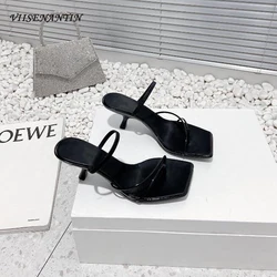 2023 New Arrival Ladies High Heel Slipper Shoes Modern Shoes Narrow Band Squared Toe Slip on Fashion Runway Sapatos Mujer