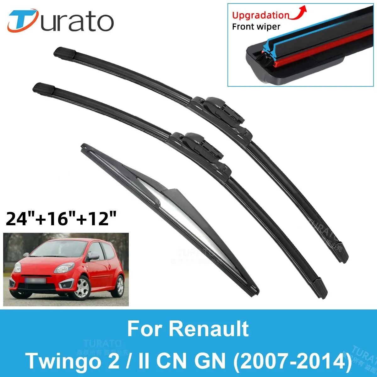 

3PCS Car Wiper Blades for 2007-2014 Renault Twingo 2 / II CN GN Rear Windshield Wipers Double Rubber Car Accessories 2013 2014