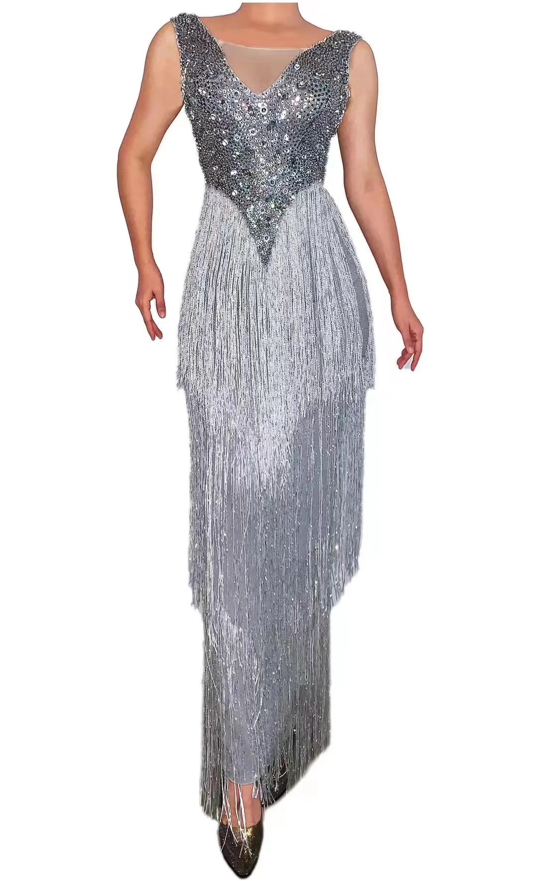 

SilverTasselRhinestoneCustomBottomBarDSDJDanceFemaleSingerOutfit BirthdayCelebrationPartyDress