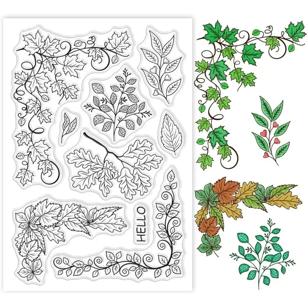 

Vine Leaves Clear Stamps Leaf Pattern PVC Placstic Silicone Stamps with Word Hello for Envelope Making, Bookmark DIY Decorations