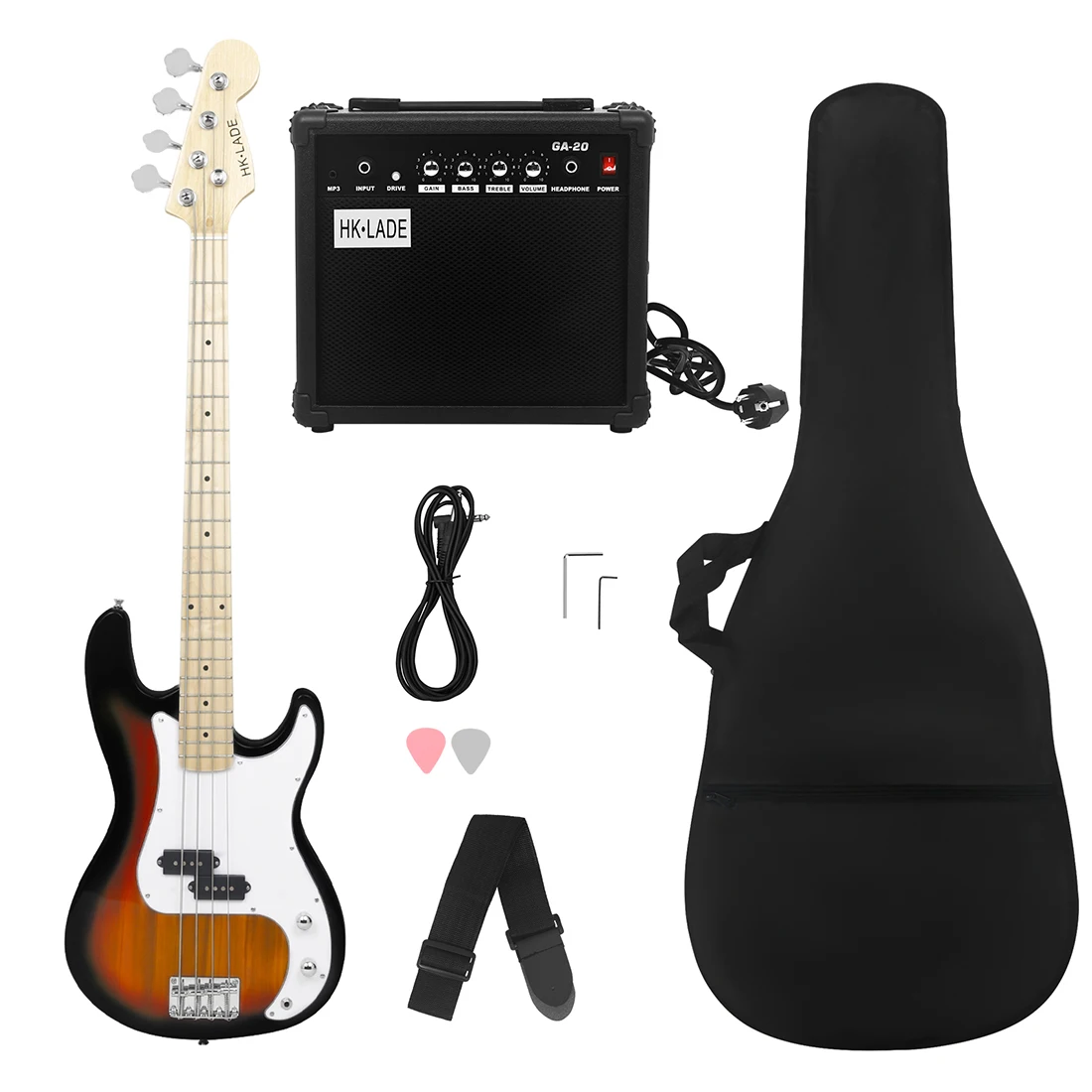 

Sunset Black HK·LADE 20 Frets Electric Bass Guitar Maple Neck Body 4 Strings Guitarra with Audio Bag Strap Picks Parts