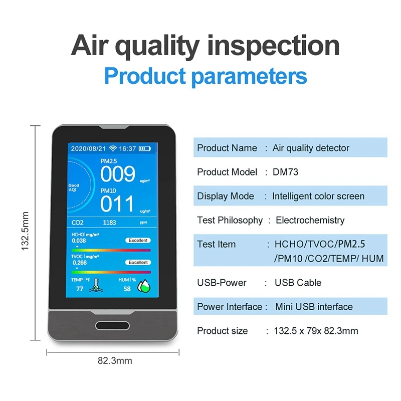 Imagem -02 - Detector Multifunções Inteligente Portátil Dm73b Tuya Pm2.5 Pm1.0 Pm10 Temperatura Umidade Co2 Hcho Tovc