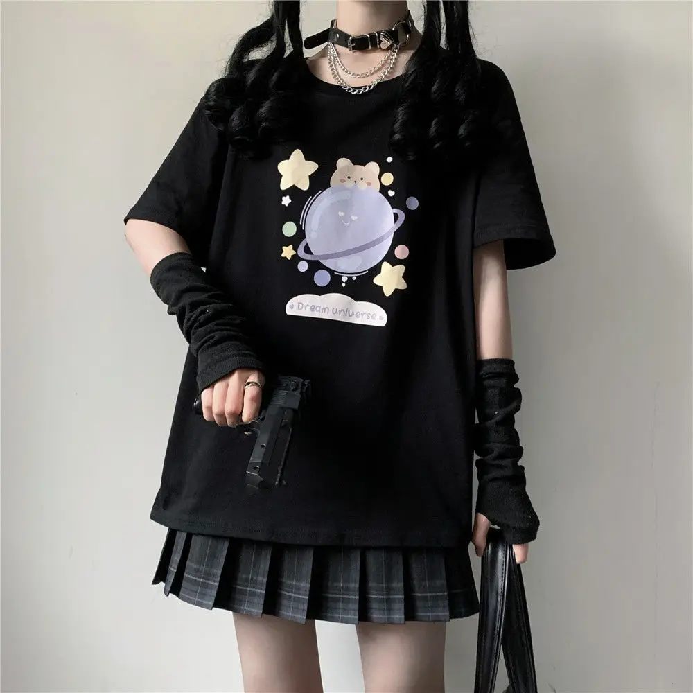 

2024 New Style Short Sleeve T-Shirt Loose Female Student Black Cute Street Style Top Polyester Fabric Summer Fashion Set