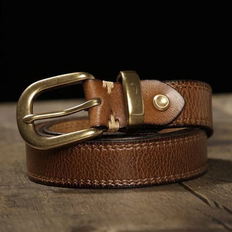 2.8cm Wide Women's Korean Handmade Retro Cowhide Belts,Woman Genuine Leather Copper Buckle Decorative Strap Belt