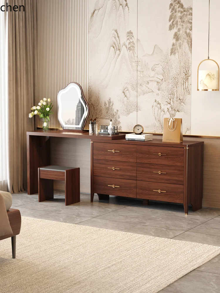 

LXC solid wood dresser chest cabinet integrated makeup table storage cabinet bedroom with stool mirror
