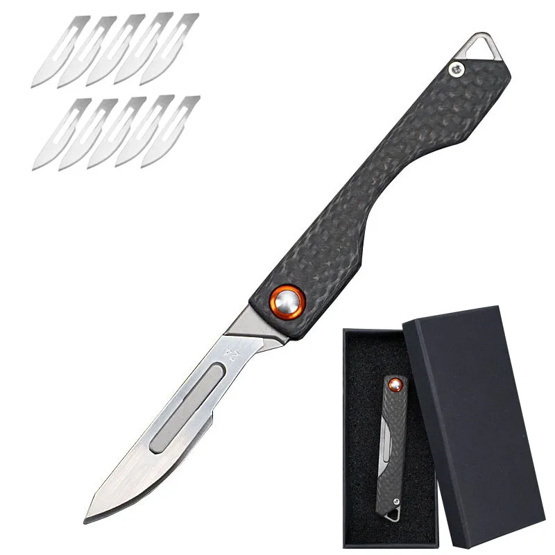 Cuchillo plegable con 10 cuchillas de piezas para hombre, multiherramienta de supervivencia EDC, mango de fibra de carbono, llavero de bolsillo, regalo con caja