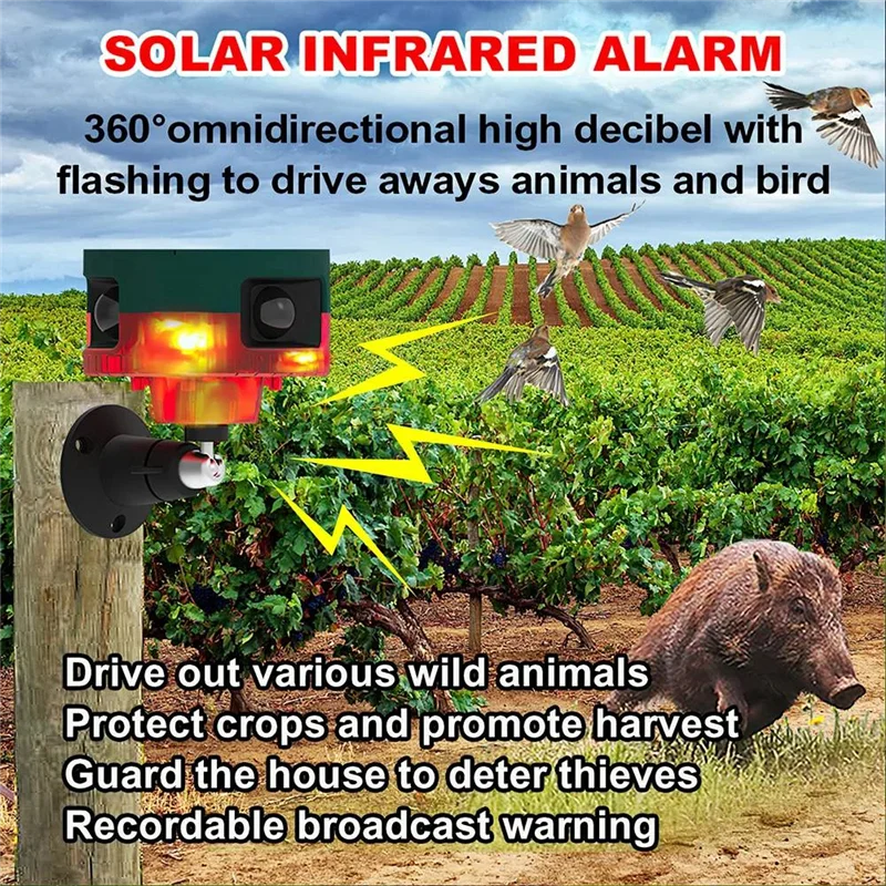 AS95-Solar Infrared Alarm Motion Sensor Detector Outdoor Waterproof Animal Repeller Security Alarm 129Db Dog Barking