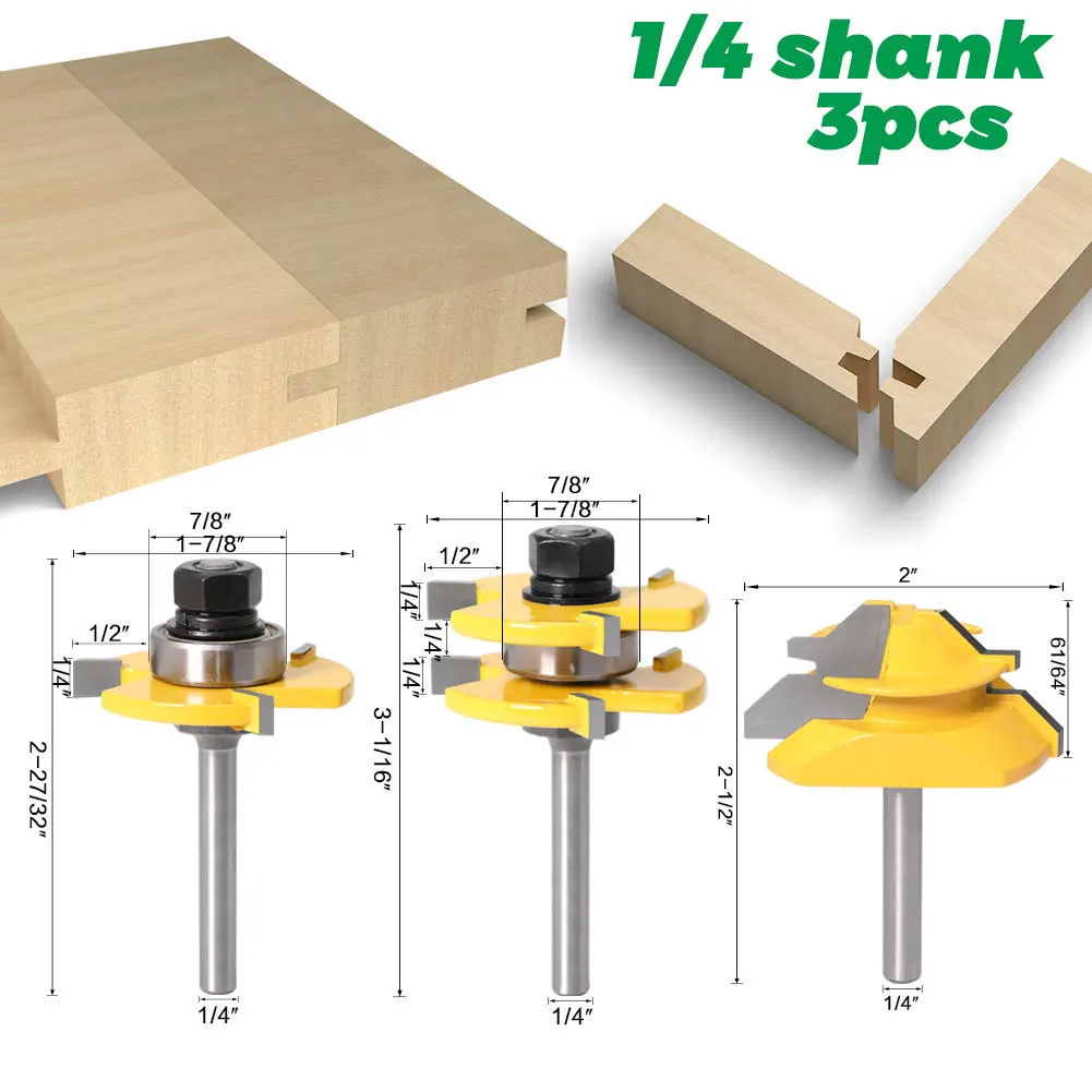 3개 세트 1/4인치 6mm 생크 밀링 커터 나무 조각 홈 가공 라우터 비트 도구 세트 (45도 포함) °   마이터 비트 킥백 방지 잠금 장치