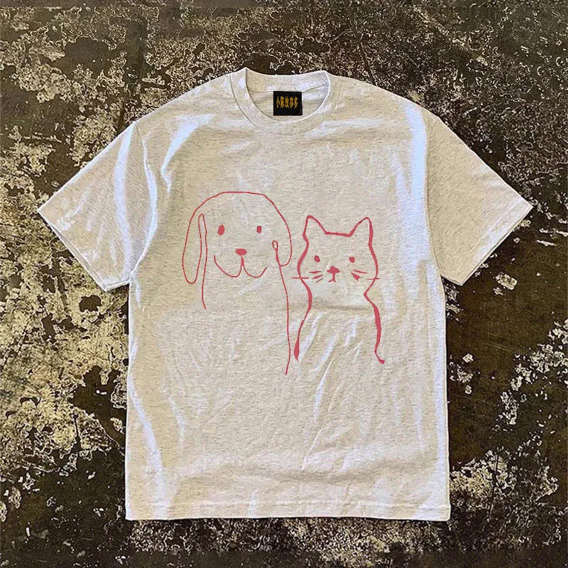 Loose Fit Cotton T-Shirt Short Sleeve Double Thread Pure Cotton American Retro Style Unisex Summer Top for Couples