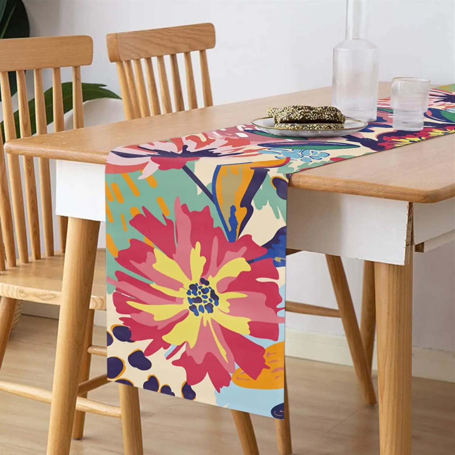 1 pc Colorful Floral Abstract Art Table Runner With Pink Yellow Blue And Orange Hues Shape Suitable For Kitchen Weddings Parties