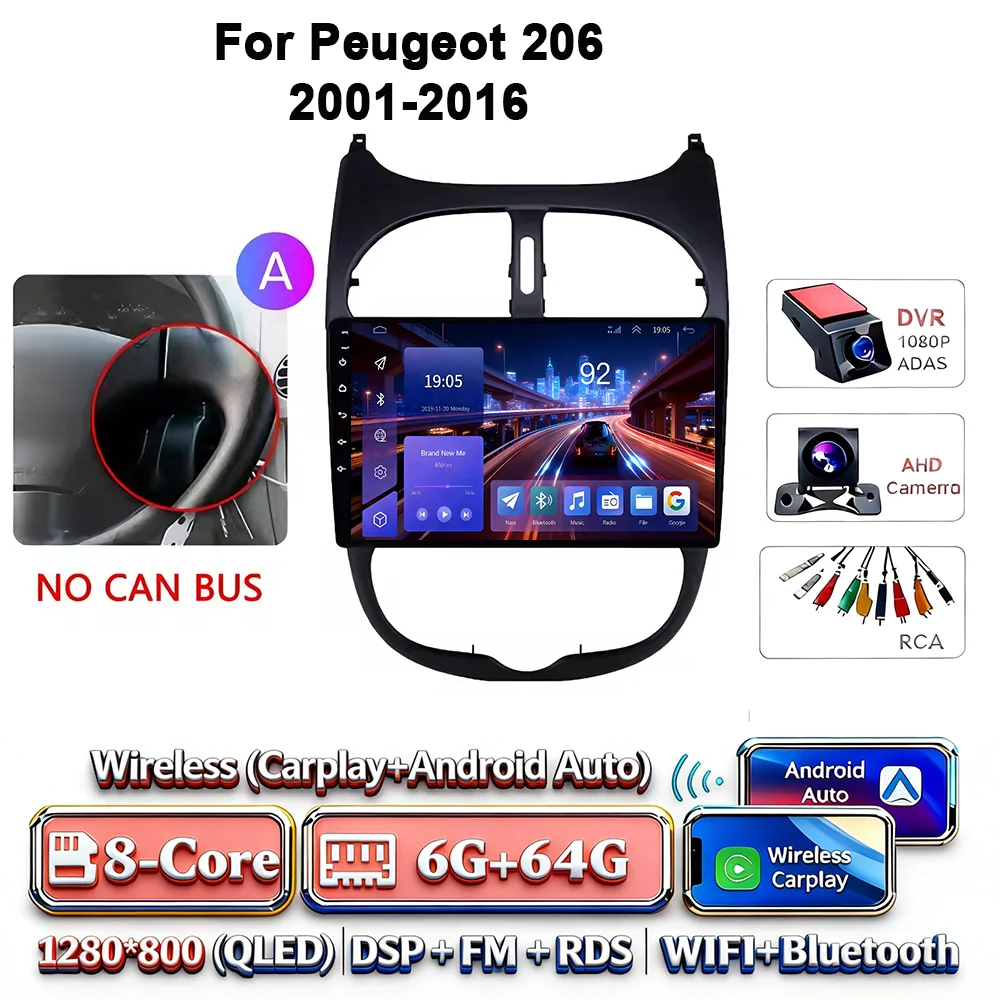 Android 17 Carplay Android Auto 4G WIFI autoradio voor Peugeot 206 2001-2016 GPS DSP BT touchscreen multimediasysteem navigatie stereo