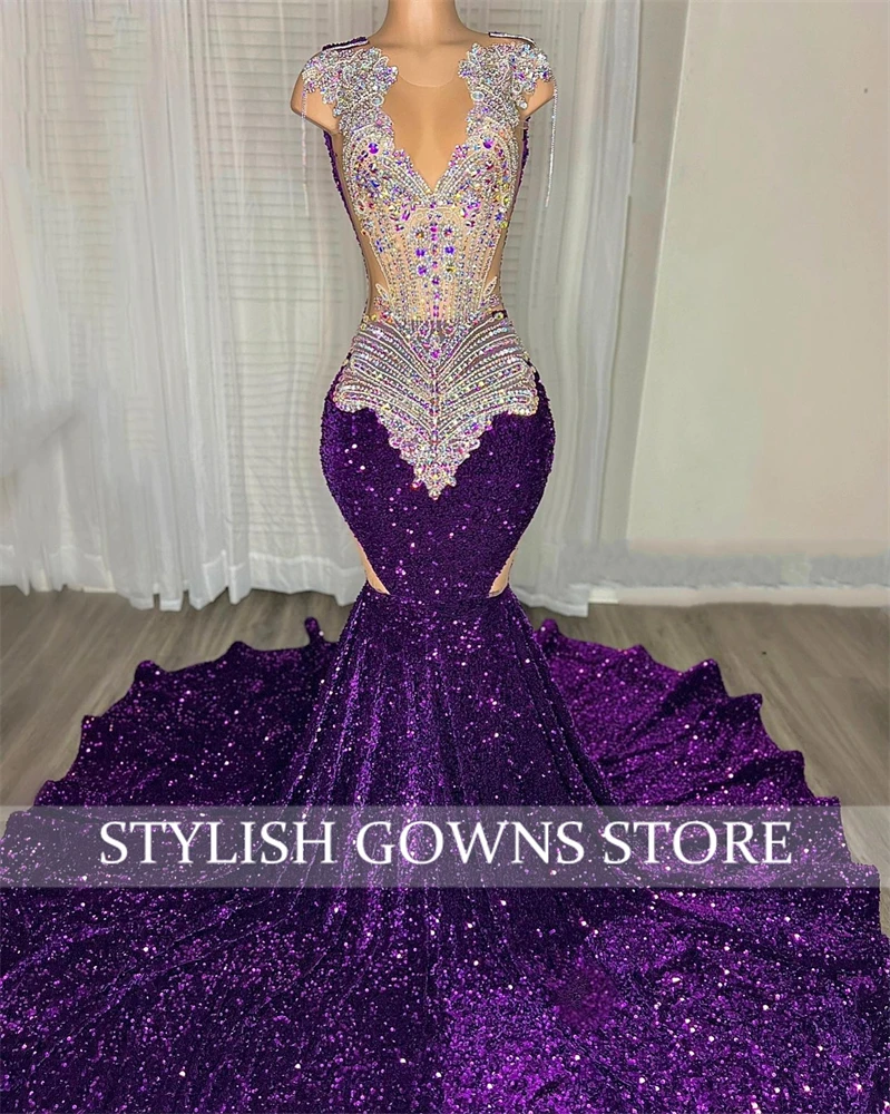 Roxo longo vestido de baile para meninas negras frisado cristal strass vestidos de festa de aniversário lantejoulas vestidos de noite personalizados