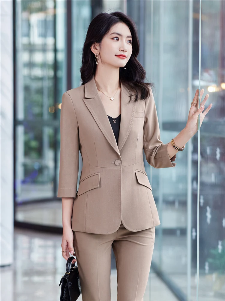 Women\'s Office Suit Fashion Blazer Pantsuit Simple Solid Color 2024 Spring Summer Half Sleeve Top + Trousers 2 Piece Set Blazer