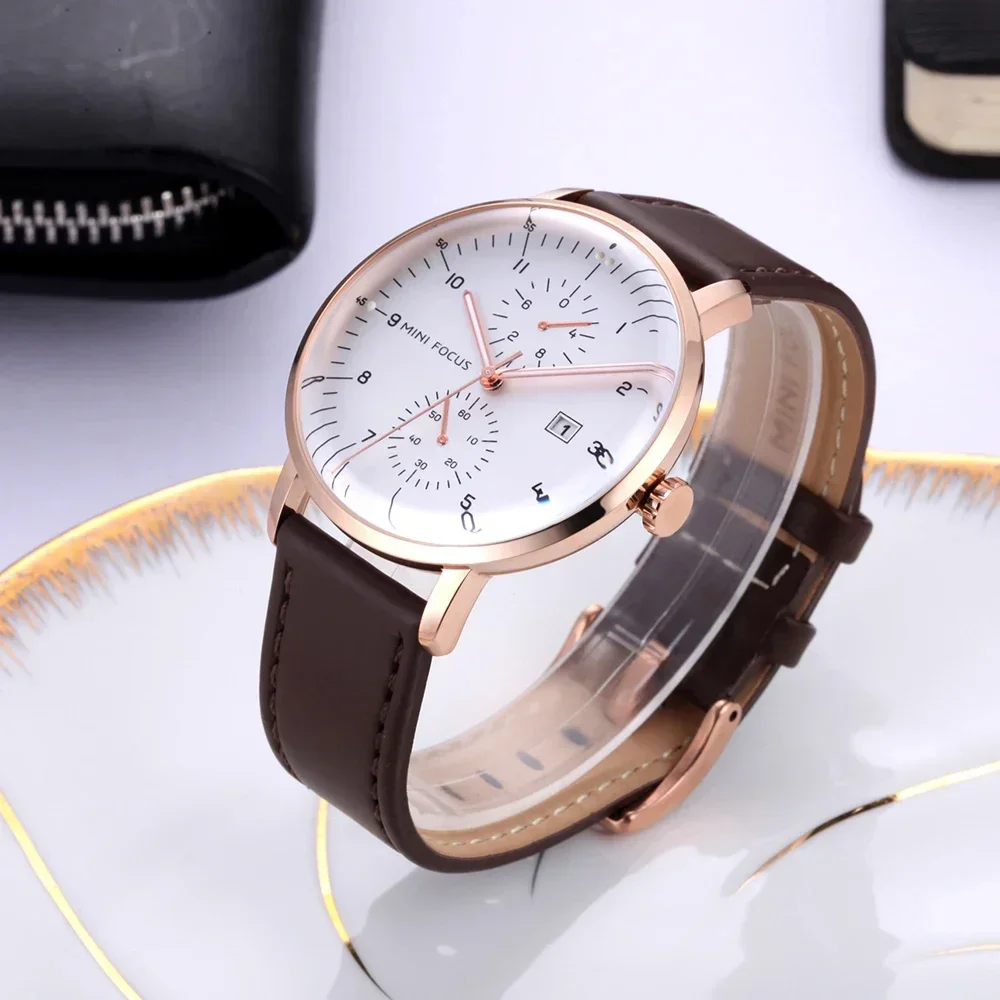 MINI FOCUS 0052G Mens Casual Fashion Genuine Leather Male Wristwatch New Waterproof Clock Men Watch Luxury Quartz Watches