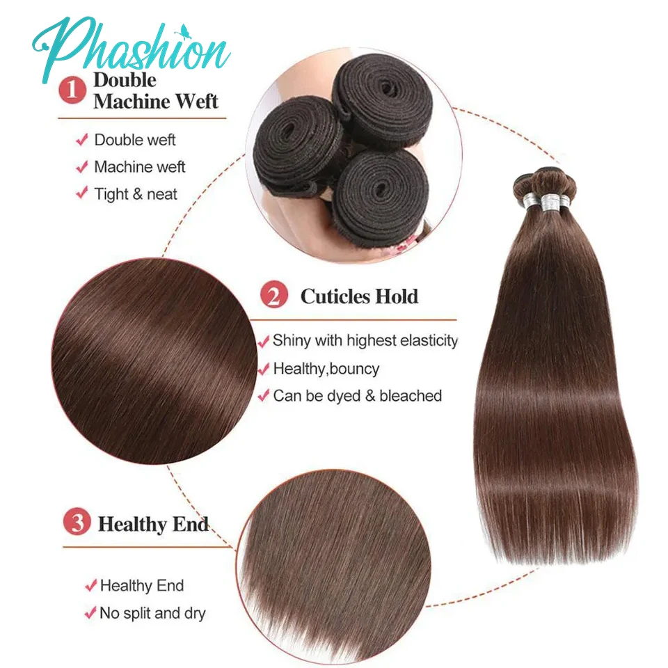 Phashion-extensiones de cabello brasileño Remy, mechones rectos de color marrón Chocolate, 1/3/4 piezas, cabello humano suave #4, color 100%, a la venta, 10A