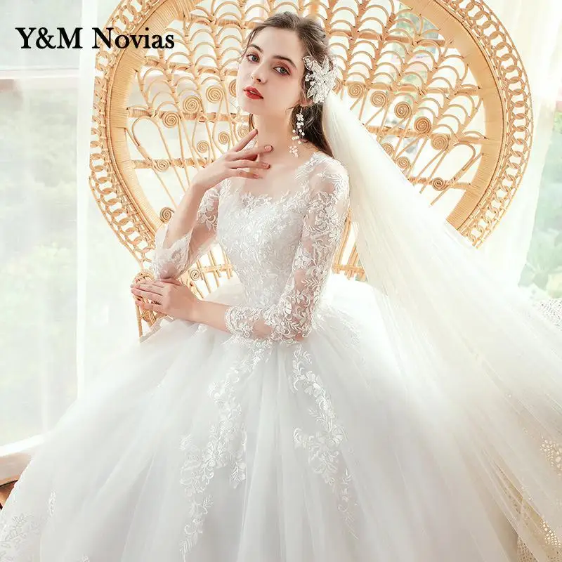 Muślin Vestidos De Novia w nowym stylu O-Neck Plus rozmiar suknia ślubna rękaw 3/4 kobiety koronkowe aplikacje suknia ślubna typu princeska