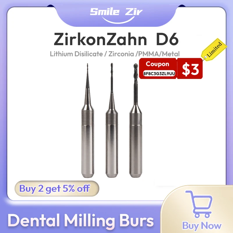 

Zirkonzahn Dental Milling Burs D6 Diamond Coating Milling Cutter For Zirconia Lithium Disilicate PMMA Metal 2.0/1.0/0.6 Material
