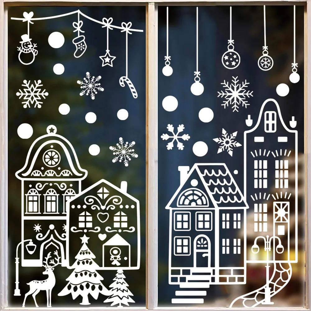 32pcs Winter Christmas Village Window Decals Gray PVC Snowscape Stickers For Home Office Glass Holiday Wall Decoration